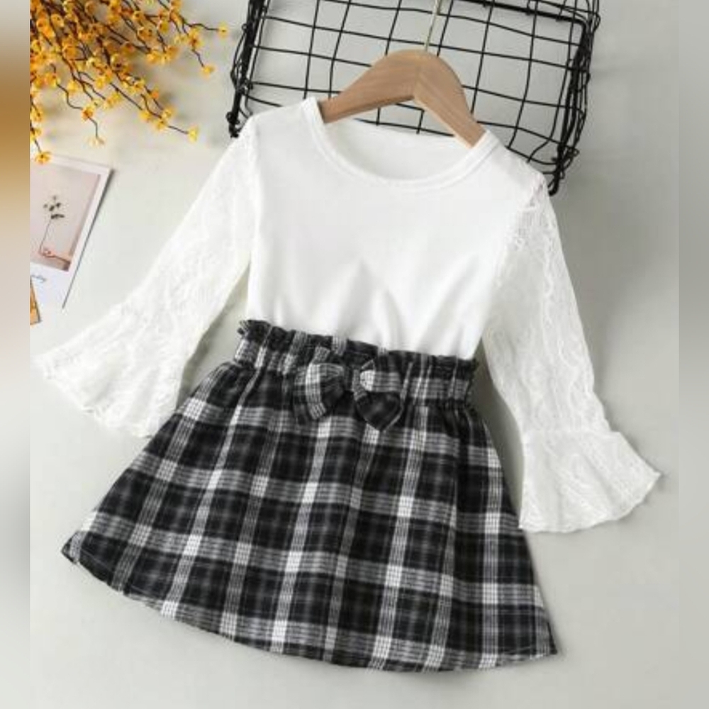 Girls Plaid & Lace Fall Set Long Flare Sleeve White Top & Checkered Skirt 3-4Y